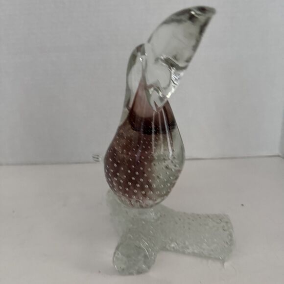 Toucan On Branch Art Glass With Controlled Bubbles And Red Swirls - Picture 5 of 10
